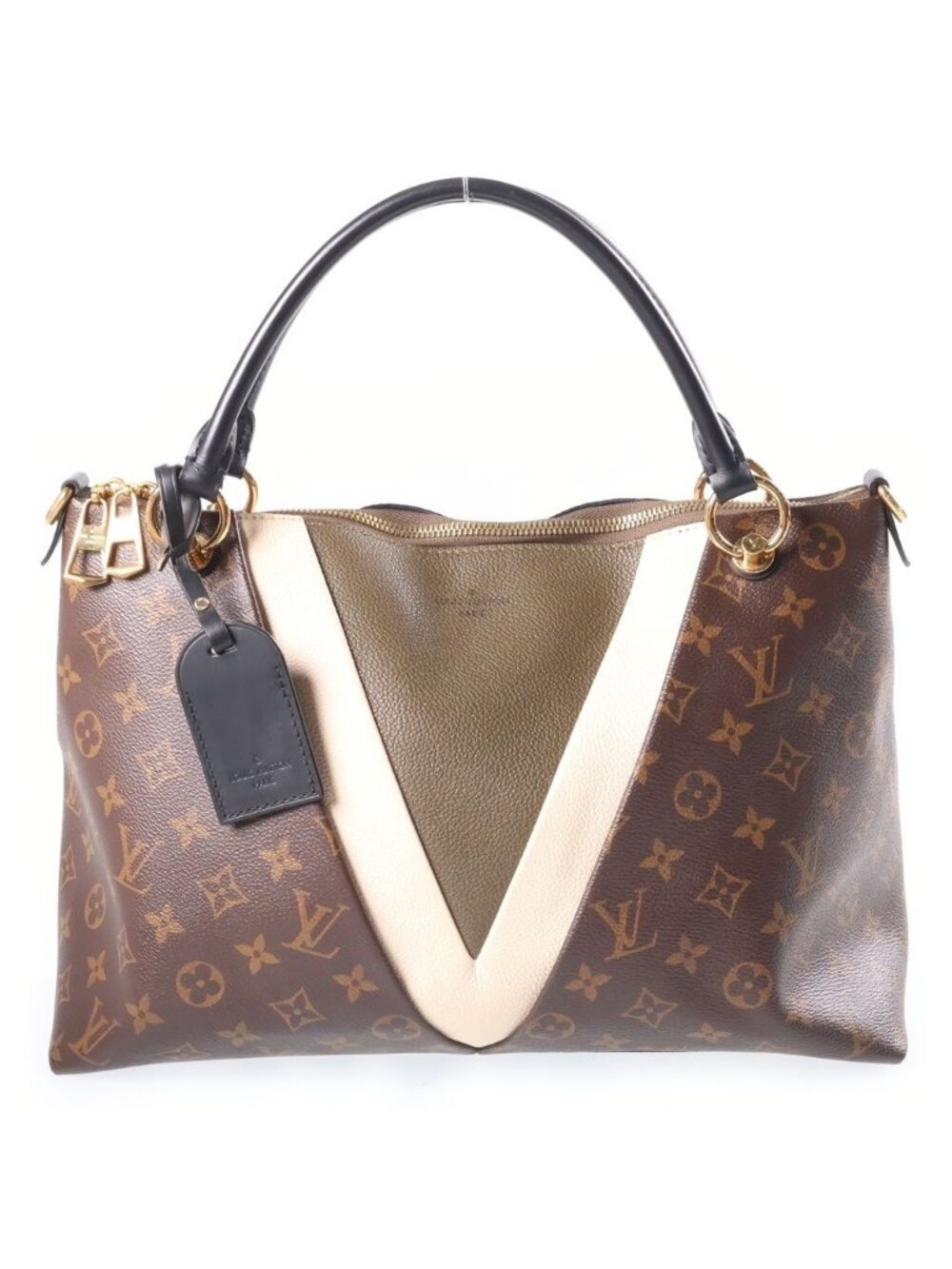 Louis Vuitton Monogram Tote MM Shoulder Bag Leather Brown Khaki White
